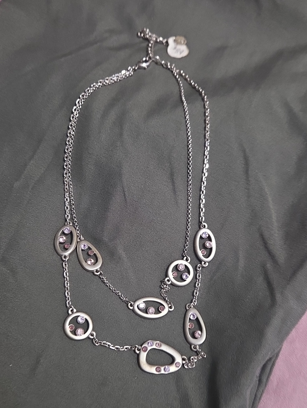Silver Tone Multi Oval Crystal Pendant Necklace -